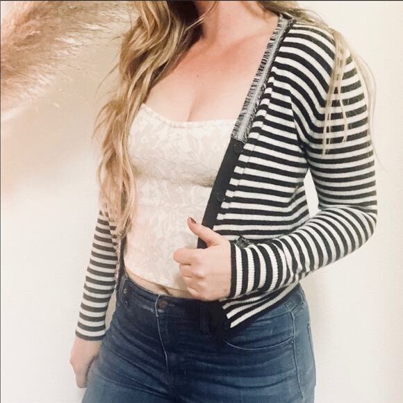 J. CREW Black White Striped Harlow Cardigan Cardi Sweater Button Tweed Trim S - Picture 2 of 7